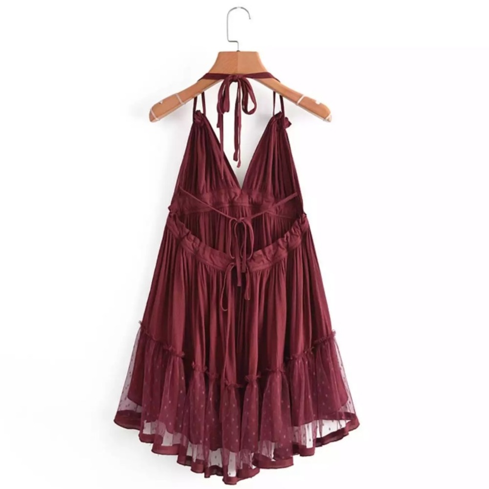 SOLD OUT Wine Swiss Dot Mesh Boho Halter Mini Dress - Picture 2 of 6